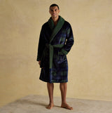 Joules MONTAGUE Mens Robe Green/Navy front view with model wearing plush robe and tie belt on a neutral background.