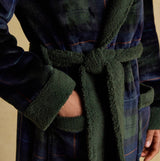 Joules MONTAGUE Mens Robe Green/Navy detail view showcasing the texture and color of the robe's sleeves and belt.