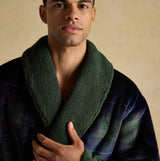 Joules MONTAGUE Mens Robe Green/Navy front view, showing the soft collar and relaxed fit design.