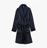 Joules MONTAGUE Mens Robe Navy front view featuring striped design and relaxed fit, made of 100% polyester.