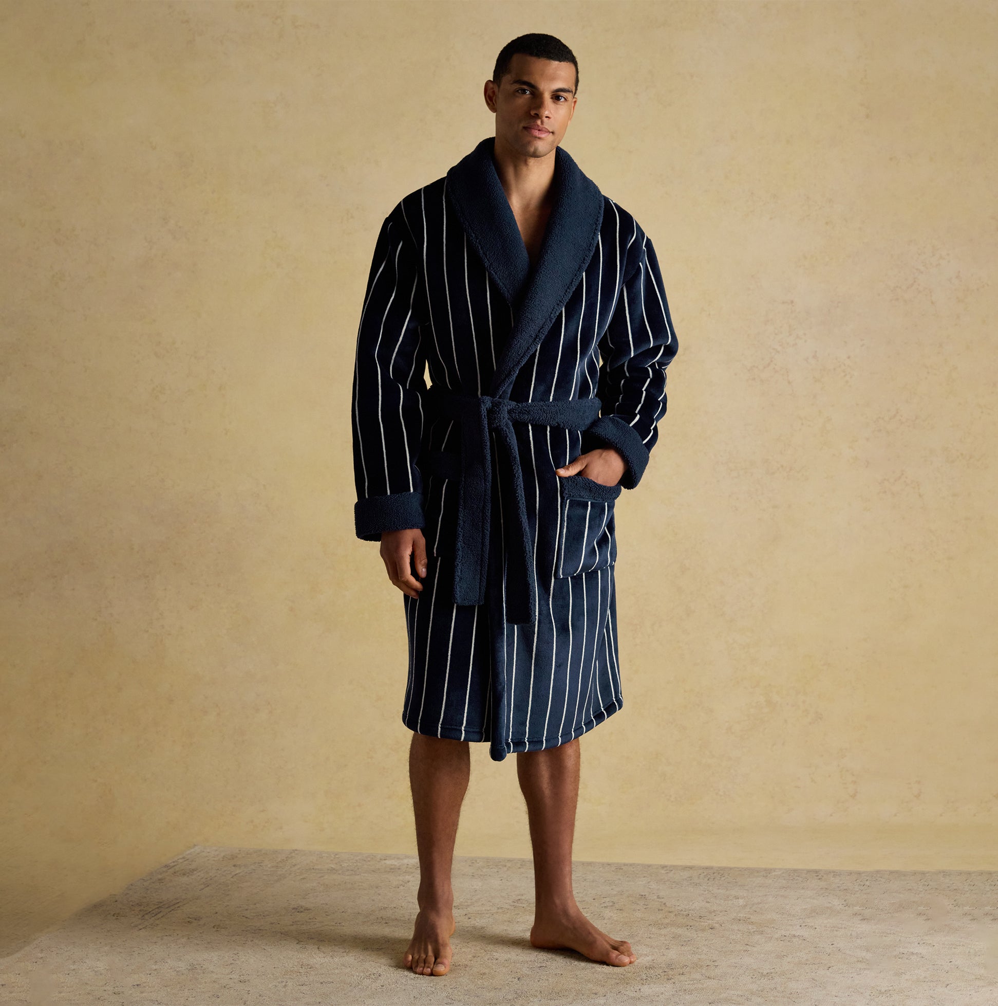 Joules MONTAGUE Mens Robe Navy front view showing soft fabric and relaxed fit, featuring stripes and a waist tie.