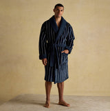 Joules MONTAGUE Mens Robe Navy front view showing soft fabric and relaxed fit, featuring stripes and a waist tie.