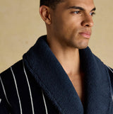 Joules MONTAGUE Mens Robe Navy detail view featuring soft collar and striped design.