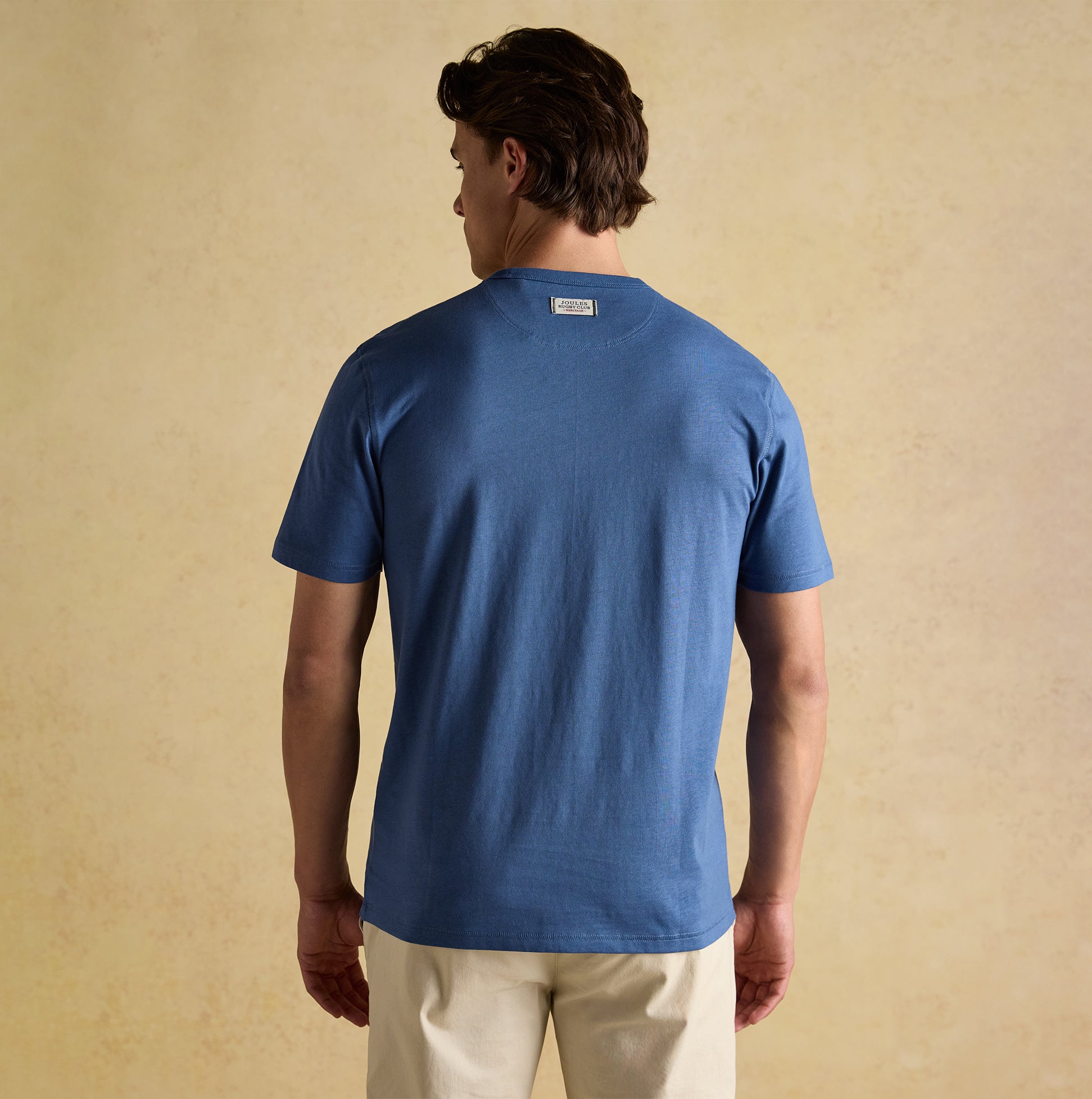 Joules RUGBY CLUB TEE Mens T-Shirt Blue back view showcasing short sleeves and breathable cotton fabric.