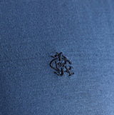 Joules RUGBY CLUB TEE Mens T-Shirt Blue detail view of logo embroidery on fabric.