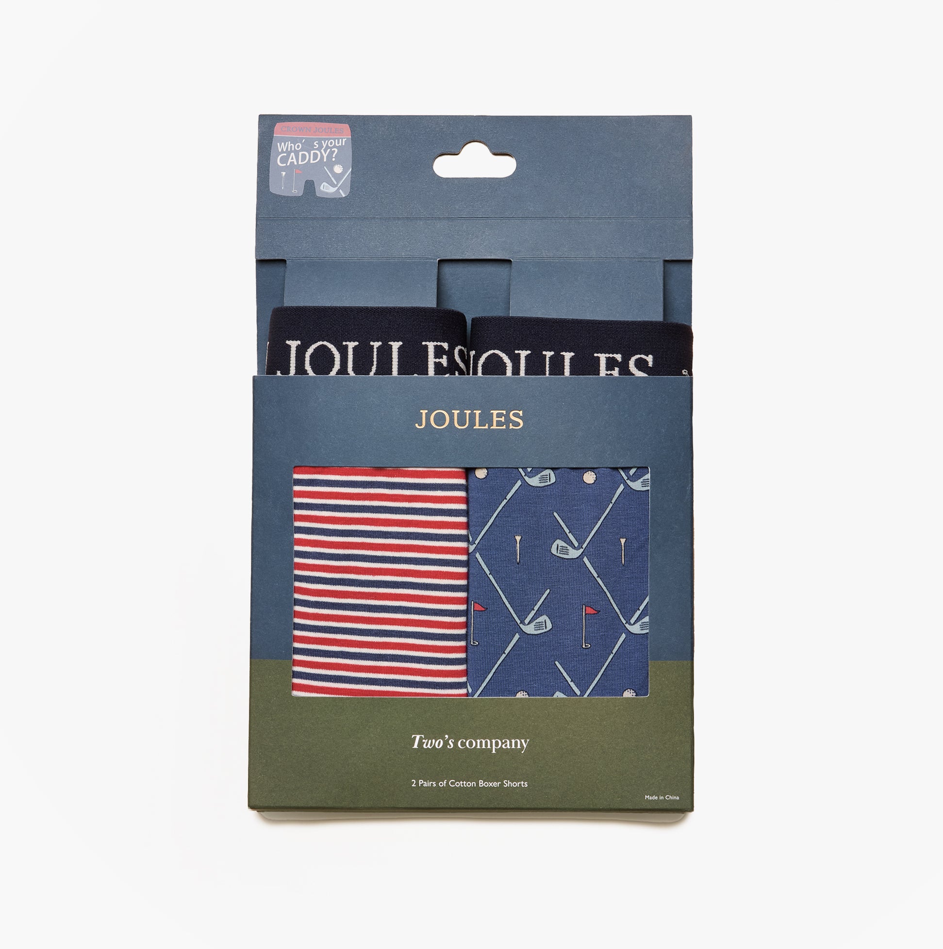 Joules CROWN Mens Boxer Shorts Red/Blue product packaging front view showcasing striped and patterned boxers.