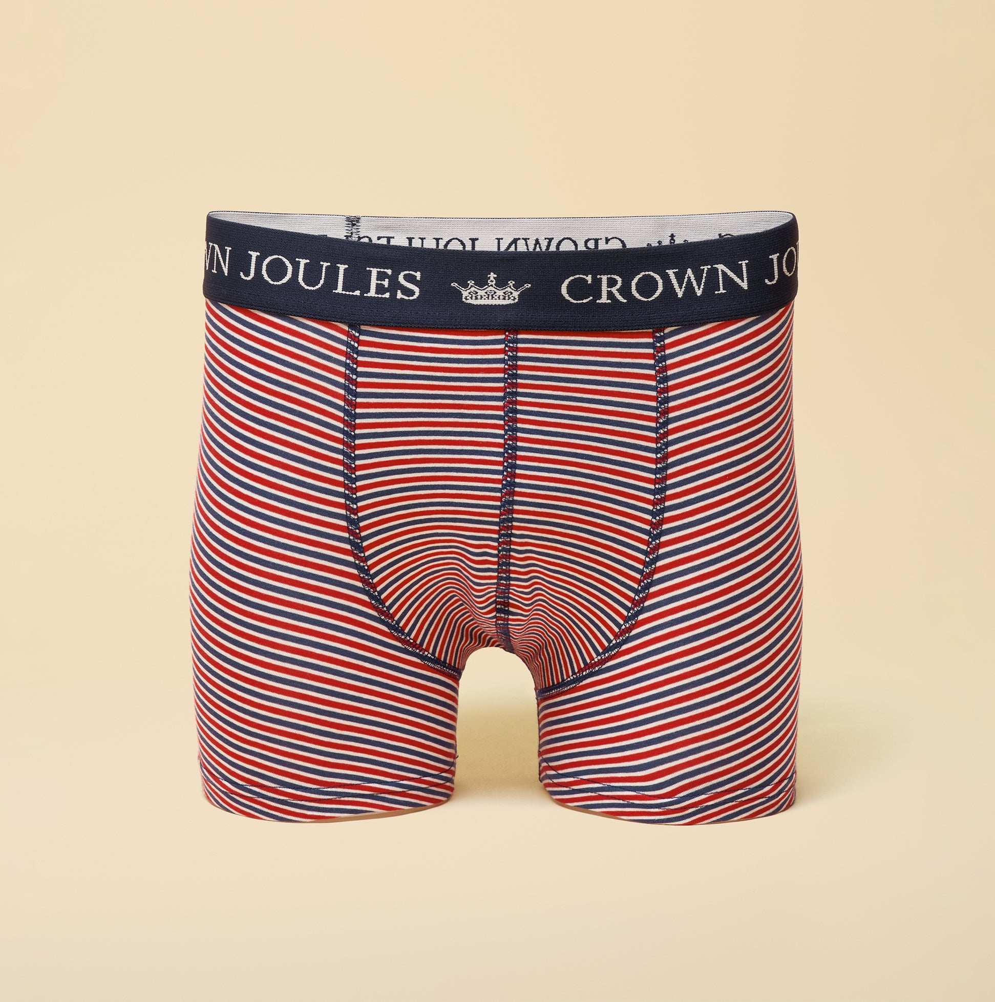 Joules CROWN Mens Boxer Shorts Red/Blue front view showcasing striped design and logo waistband.