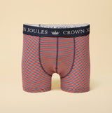 Joules CROWN Mens Boxer Shorts Red/Blue front view showcasing striped design and logo waistband.