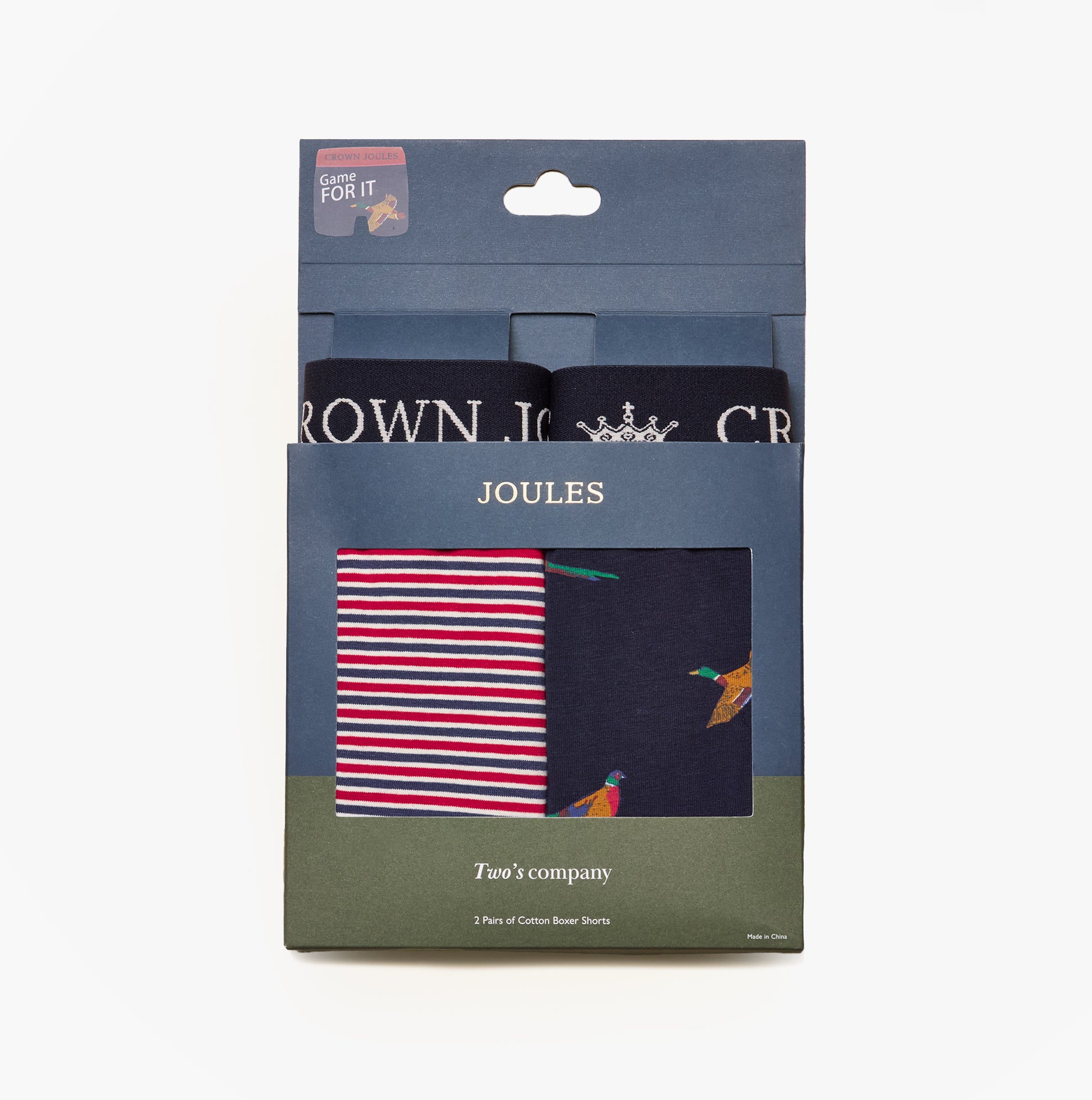 Joules CROWN Mens Boxer Shorts Orange/Navy front view packaging with two pairs of boxers in a gift box.