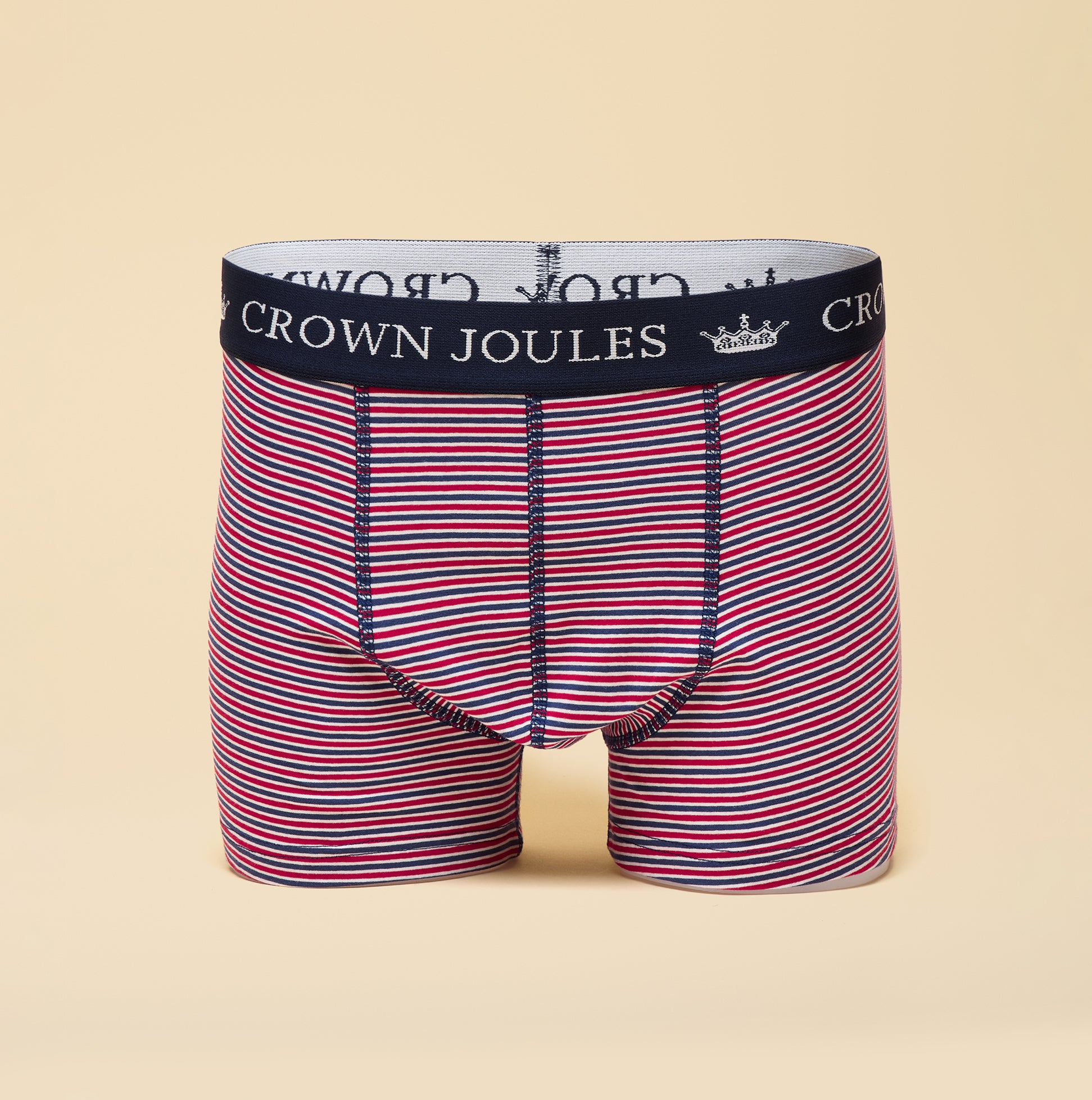 Joules CROWN Mens Boxer Shorts Orange/Navy front view showcasing the striped design and waistband.