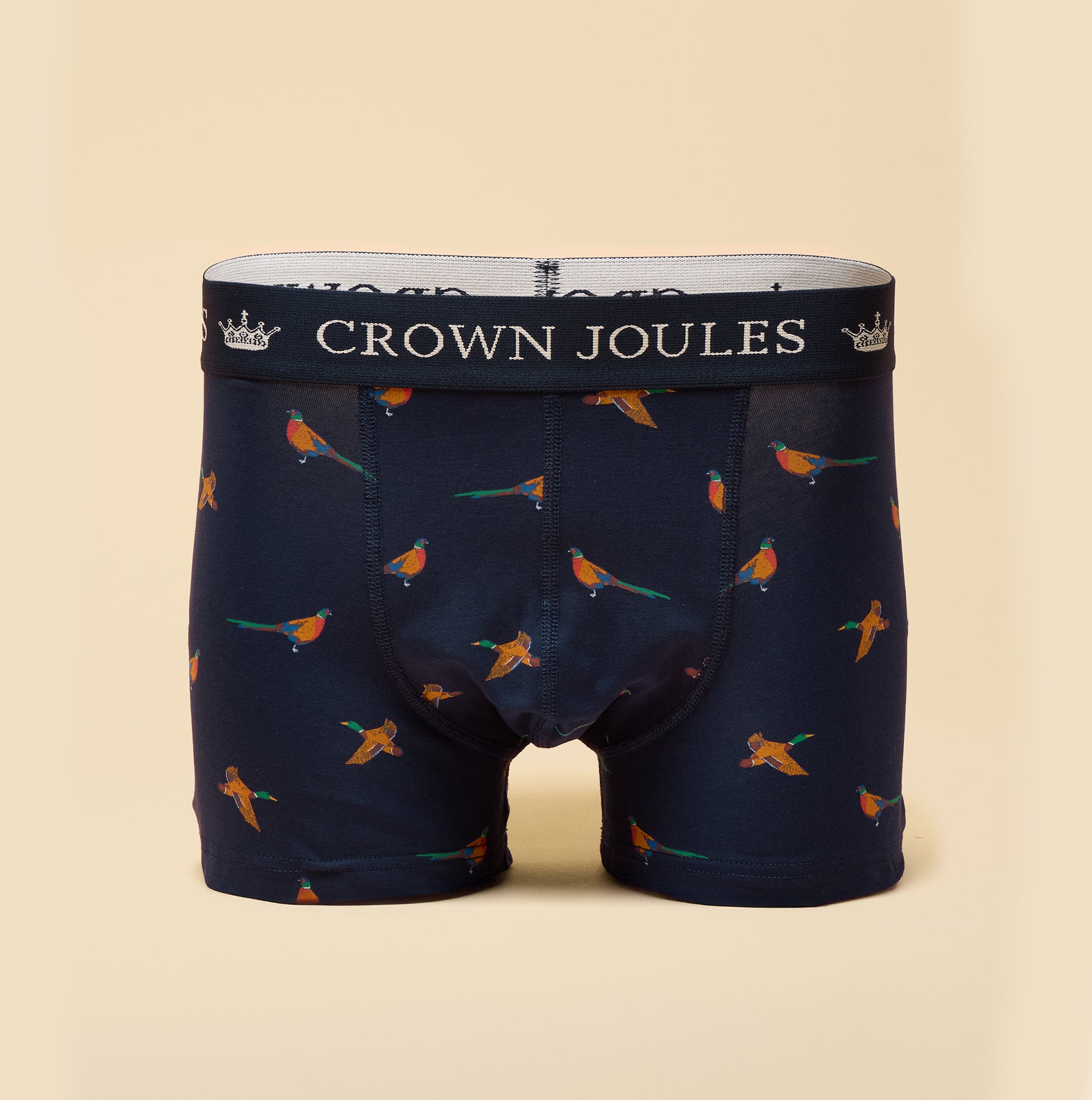Joules CROWN Mens Boxer Shorts Orange/Navy back view featuring a navy base with colorful bird prints.