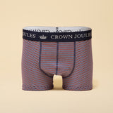 Joules CROWN Mens Boxer Shorts Burgundy Red front view with striped pattern and logo waistband.