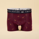 Joules CROWN Mens Boxer Shorts Burgundy Red back view featuring a playful design with deer print and a logo waistband.