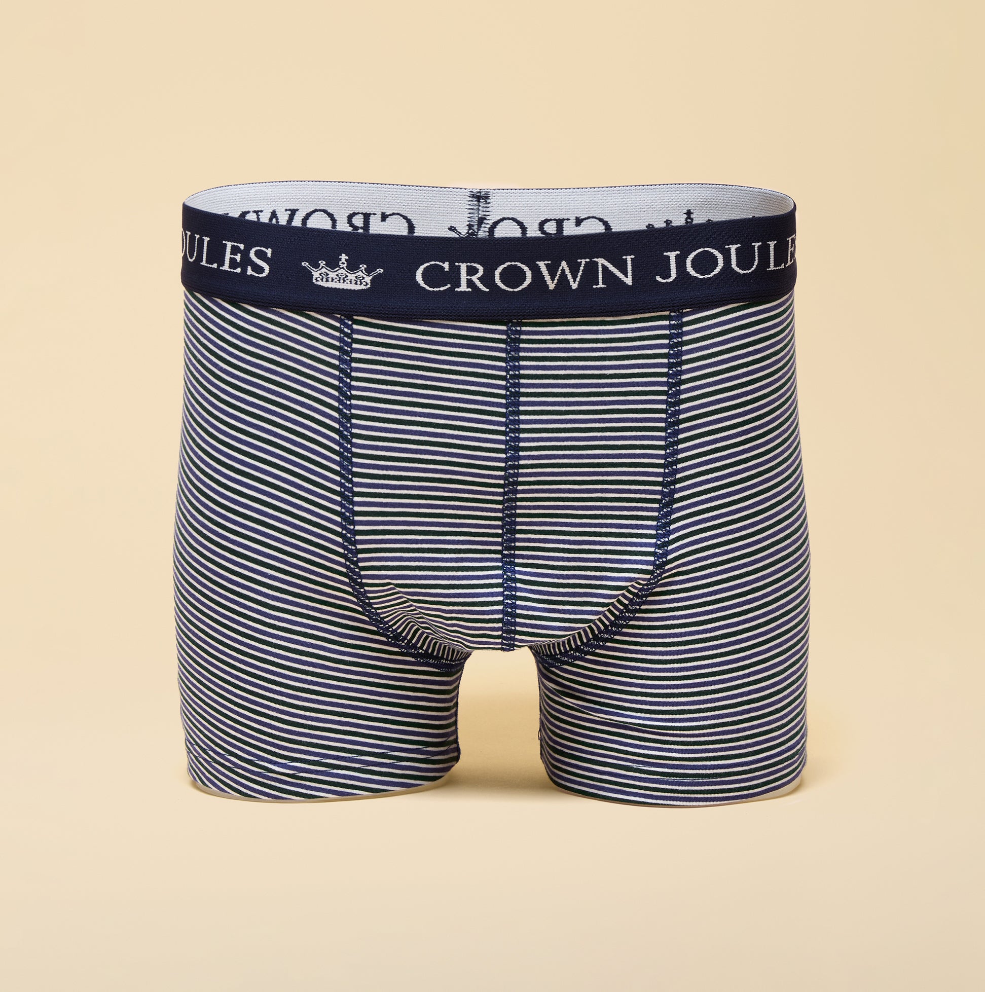 Joules CROWN Mens Boxer Shorts Blue/Green front view showing striped design and waistband detail.