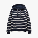 Joules MILBOURNE Womens Hoodie Navy/White Stripe front view showing relaxed fit and striped design.