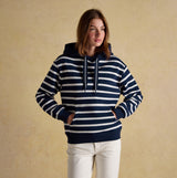 Joules MILBOURNE Womens Hoodie Navy/White Stripe front view with model wearing, showcasing relaxed fit and striped design.