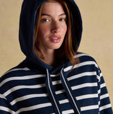 Joules MILBOURNE Womens Hoodie Navy/White Stripe close-up view featuring the hood and striped design on model.