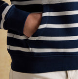 Joules MILBOURNE Womens Hoodie Navy/White Stripe detail view showcasing the pocket and stripe pattern.