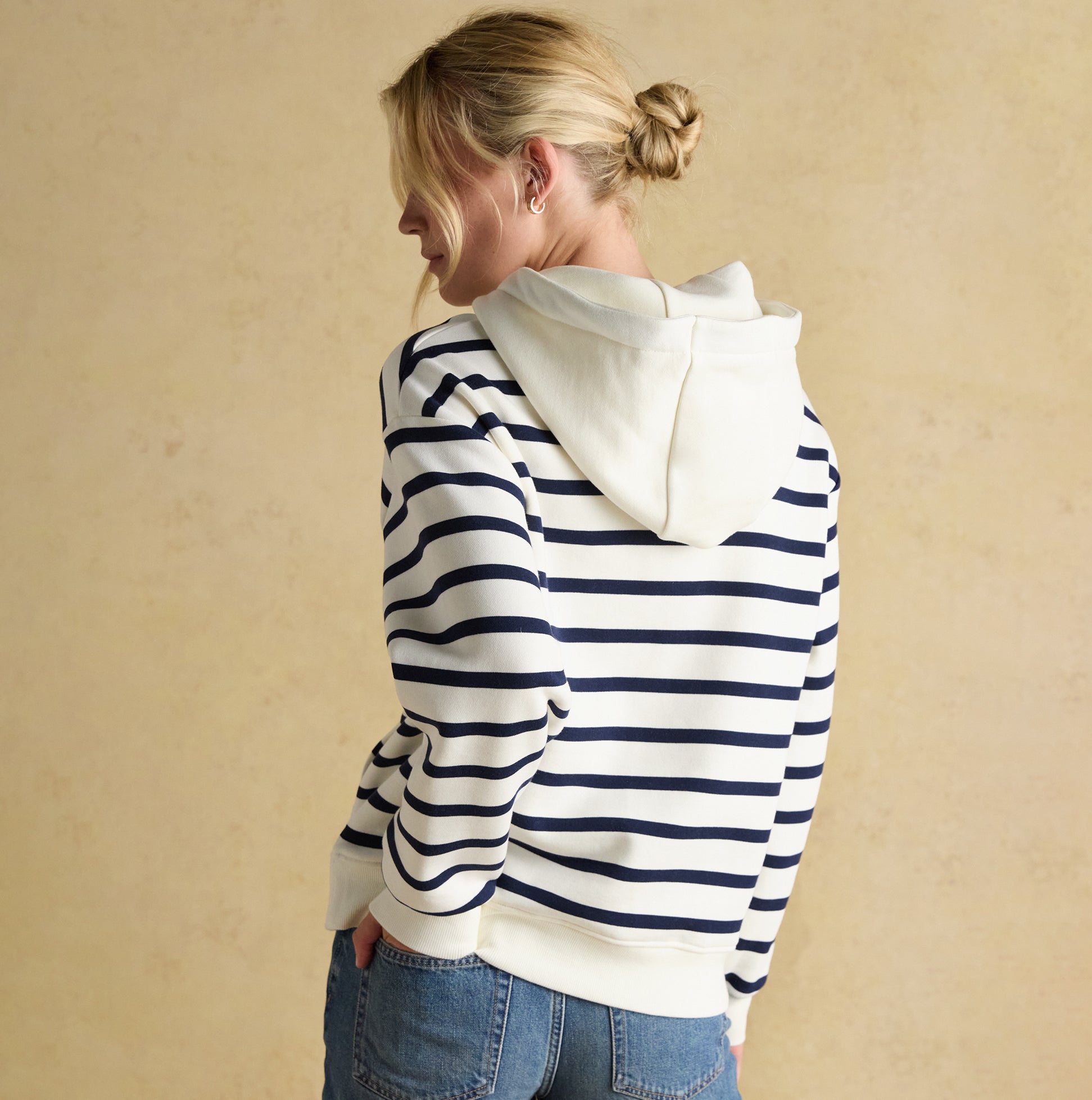 Joules MILBOURNE Womens Hoodie Cream/Navy Stripe back view, featuring long sleeves and a relaxed fit.
