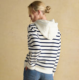 Joules MILBOURNE Womens Hoodie Cream/Navy Stripe back view, featuring long sleeves and a relaxed fit.