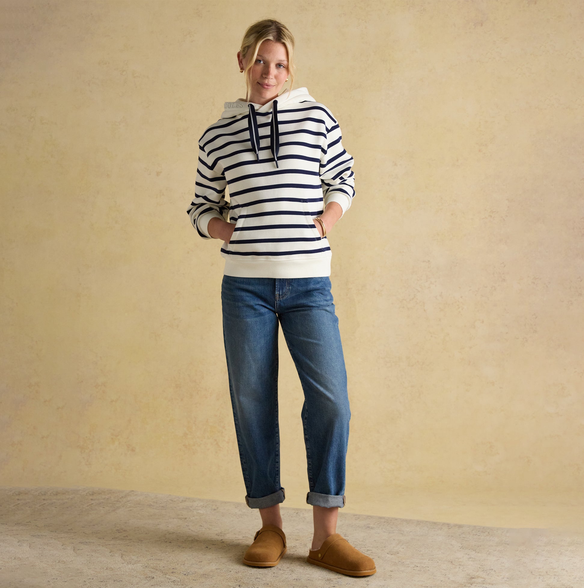Joules MILBOURNE Womens Hoodie Cream/Navy Stripe front view on model, relaxed fit, casual style with jeans.
