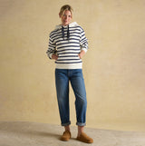 Joules MILBOURNE Womens Hoodie Cream/Navy Stripe front view on model, relaxed fit, casual style with jeans.
