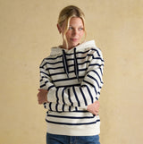 Joules MILBOURNE Womens Hoodie Cream/Navy Stripe front view, featuring long sleeves and relaxed fit, ideal for casual wear.