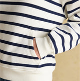 Joules MILBOURNE Womens Hoodie Cream/Navy Stripe detail view showing pocket and striped design.