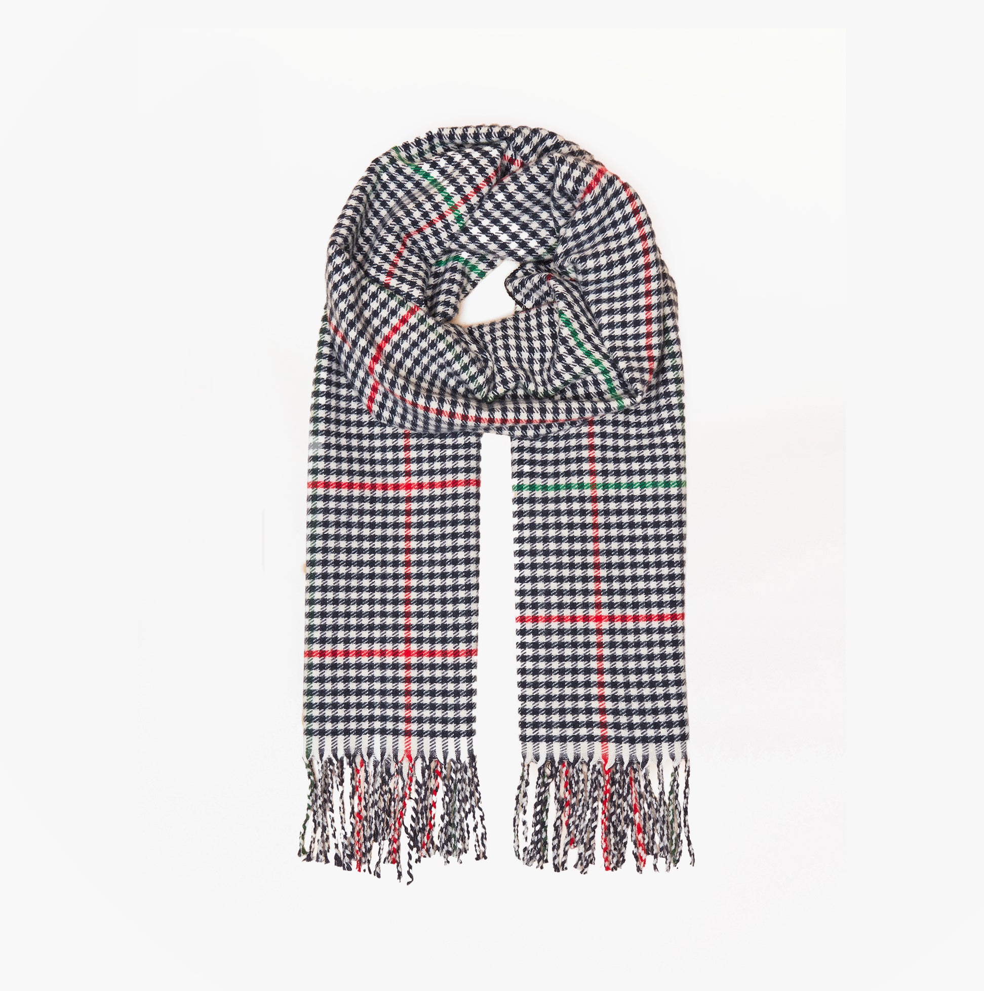 Joules LANGTREE Mens Winter Cream/Navy front view showing stylish design with houndstooth pattern and fringed edges.