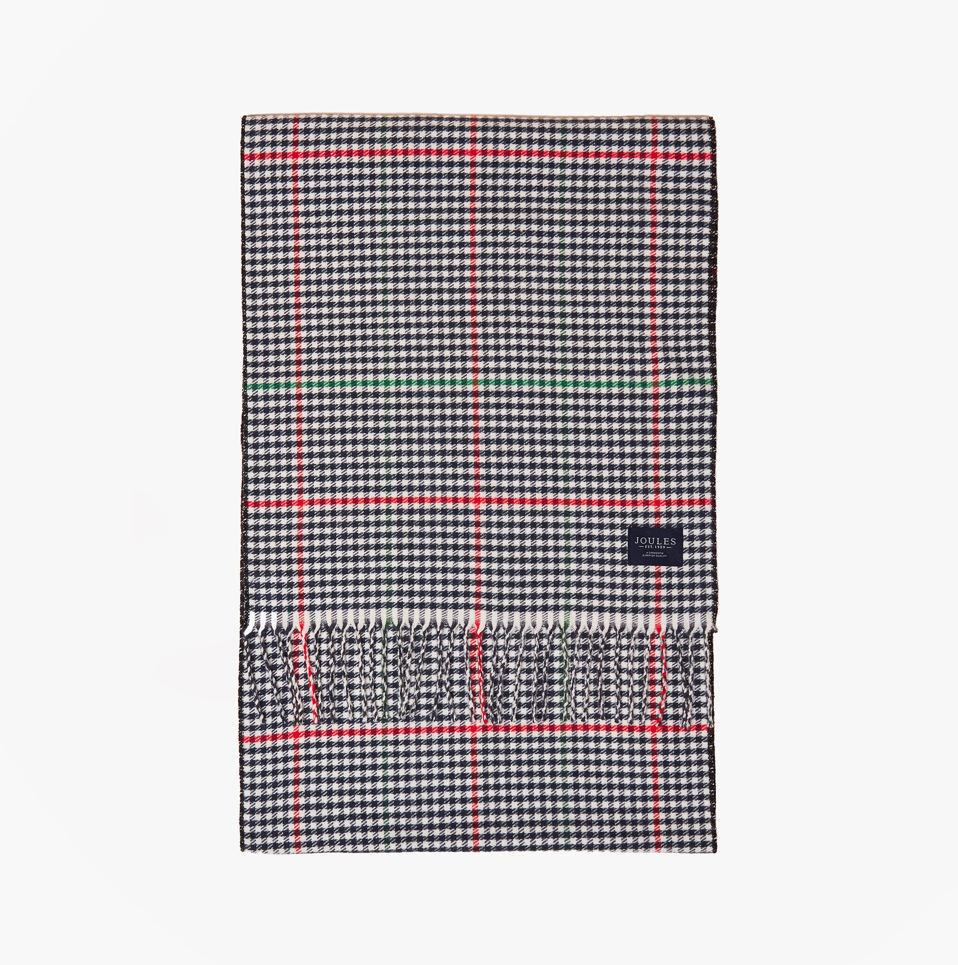 Joules LANGTREE Mens Winter Cream/Navy scarf front view, featuring a check pattern with fringed edges.