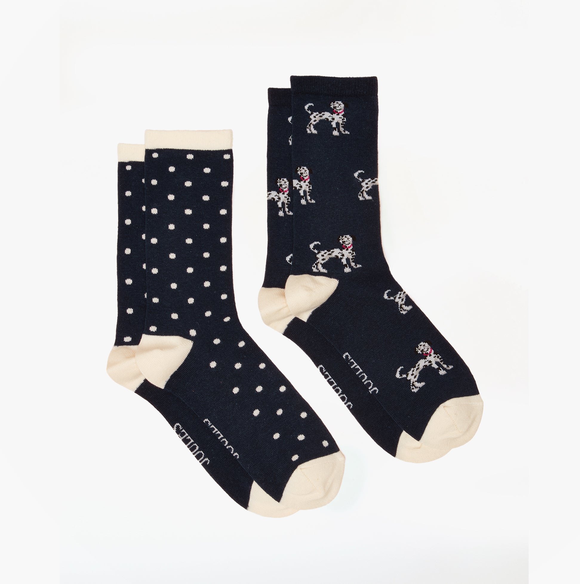 Joules EVERYDAY Womens Socks Navy/Oatmeal side view featuring polka dot and dog print designs in a 2 pack.