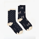 Joules EVERYDAY Womens Socks Navy/Oatmeal side view featuring polka dot and dog print designs in a 2 pack.