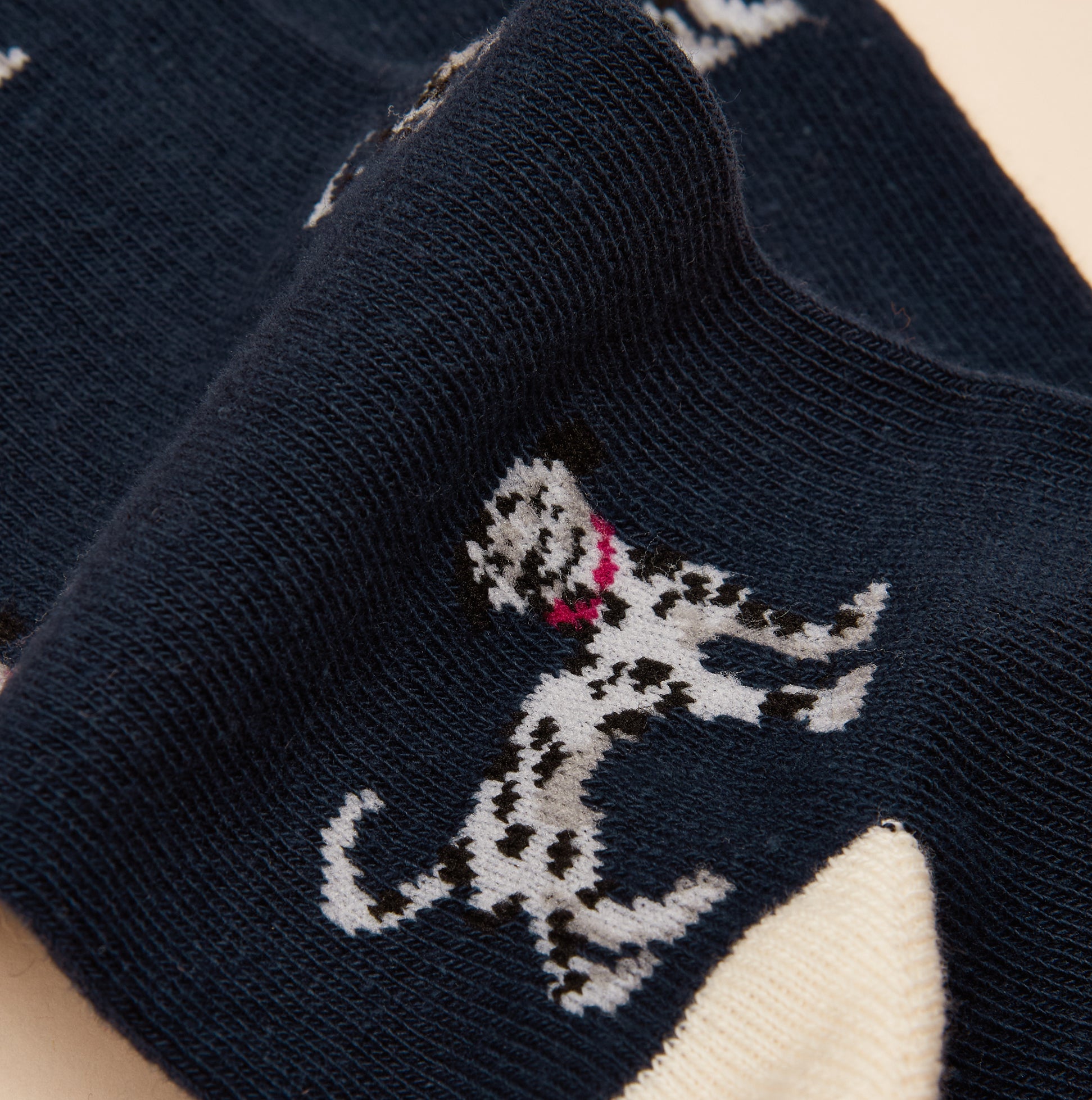 Joules EVERYDAY Womens Socks Navy/Oatmeal detail view featuring playful dog design on a navy background.