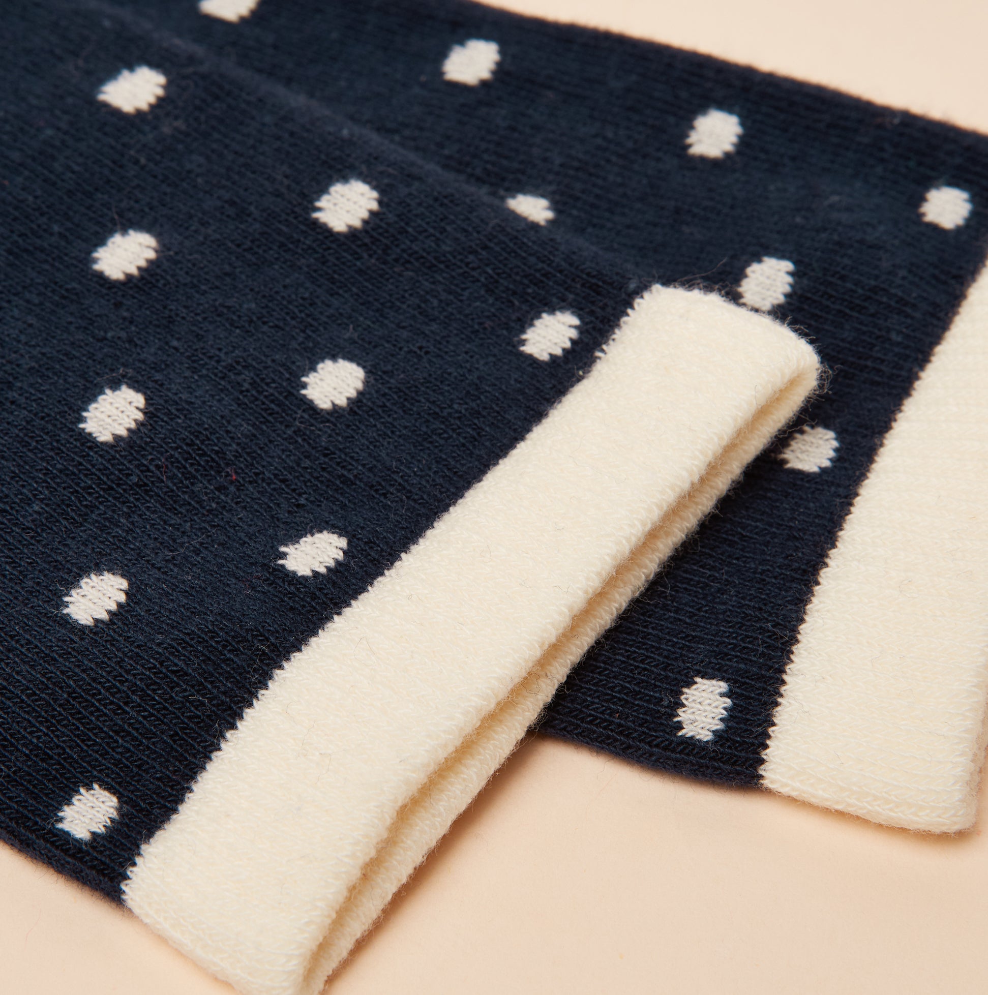 Joules EVERYDAY Womens Socks Navy/Oatmeal detail view showcasing polka dots and cuff design.