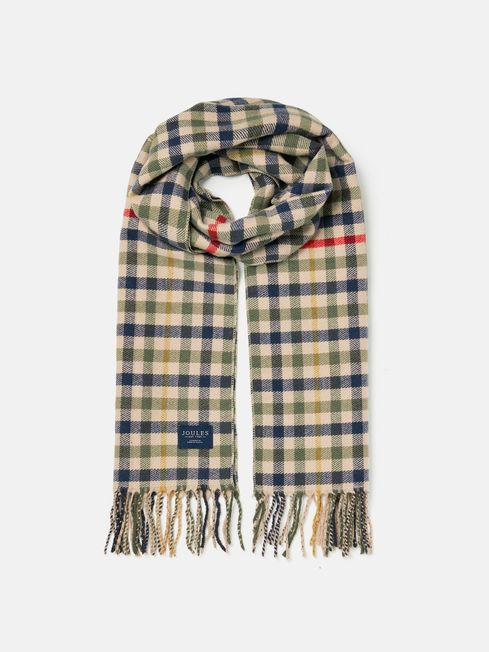 Joules LANGTREE Womens Scarf Henson Check front view featuring woven fabric with tasselled ends.