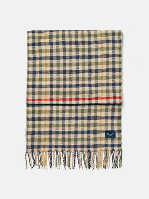 Joules LANGTREE Womens Scarf Henson Check, front view showcasing woven heritage check pattern and tasselled ends.