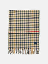 Joules LANGTREE Womens Scarf Henson Check, front view showcasing woven heritage check pattern and tasselled ends.