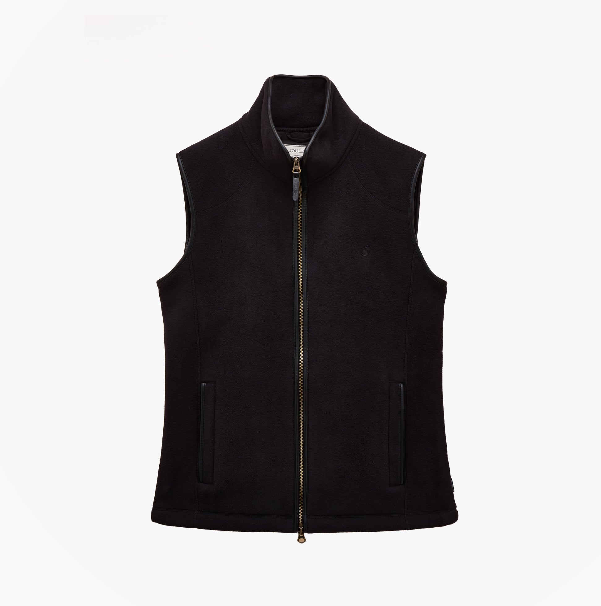 Joules HERITAGE FLEECE Mens Gilet Black front view with zip closure and pockets in 100% recycled polyester.