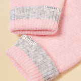 Joules POPLEY STRIPE Womens Gloves Pink/Grey detail view of pink and grey knit cuffs with brand labels