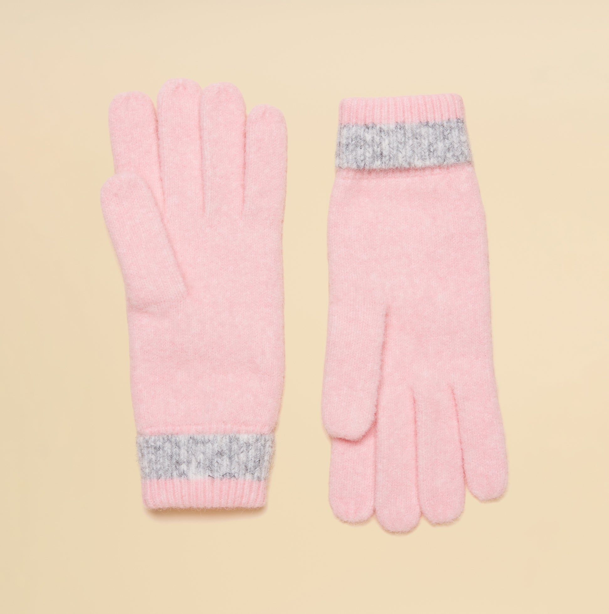 Joules POPLEY STRIPE Womens Gloves Pink/Grey front view showcasing soft fabric and striped cuffs.