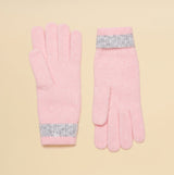 Joules POPLEY STRIPE Womens Gloves Pink/Grey front view showcasing soft fabric and striped cuffs.