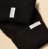 Joules ROSA Womens Gloves Black detail view showing fabric and brand tags on a black wool blend.
