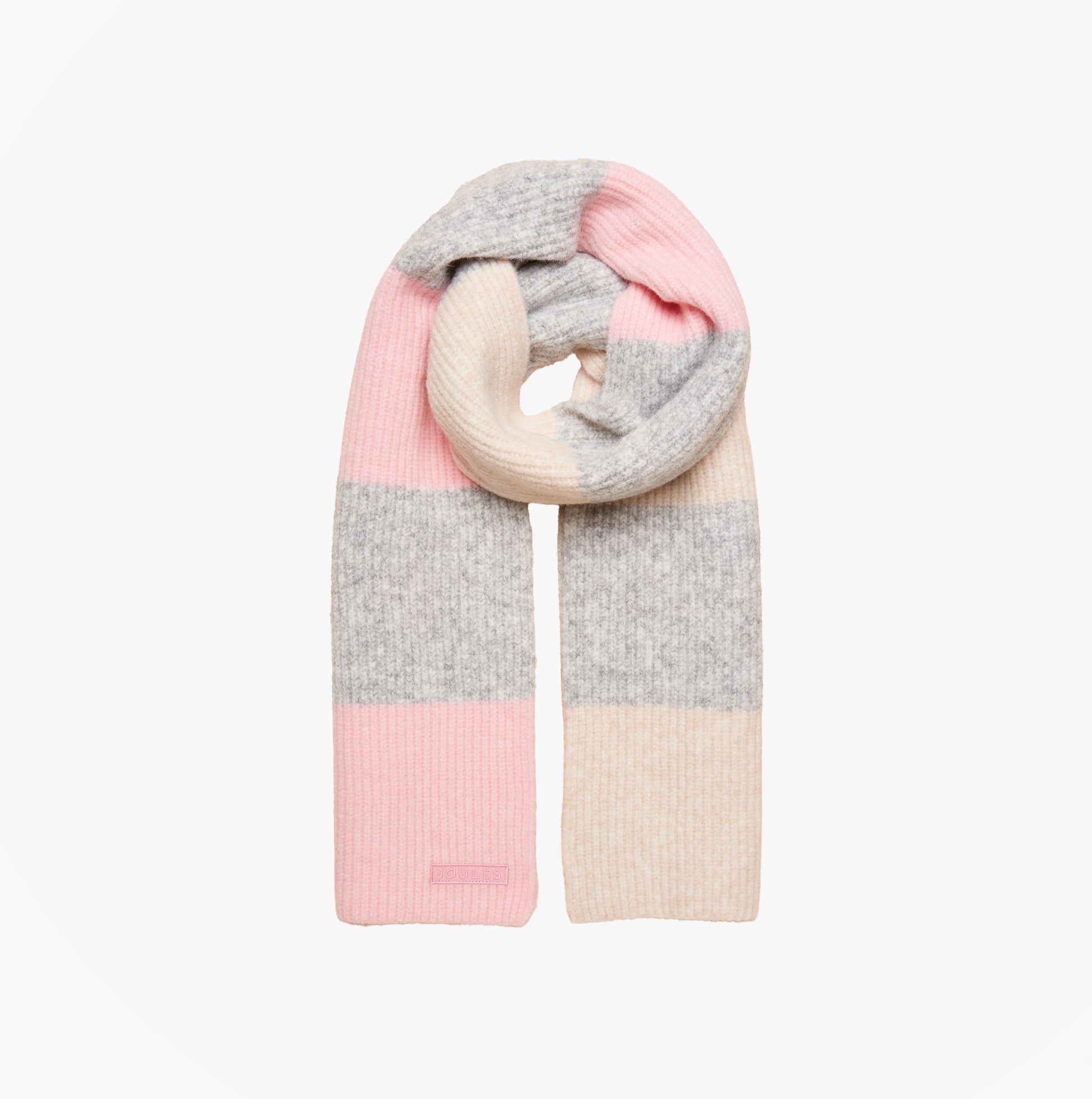 Joules POPLEY STRIPE Womens Winter Pink/Grey scarf front view featuring pink, grey, and cream stripes.