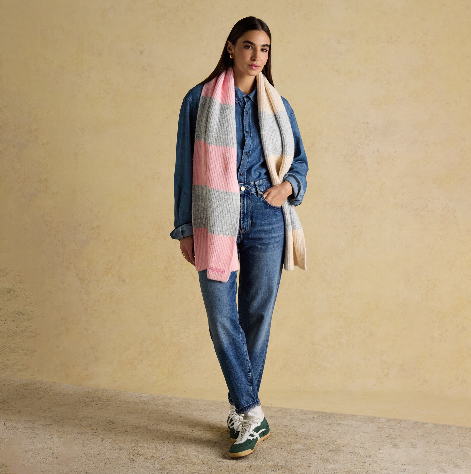Joules POPLEY STRIPE Womens Winter Pink/Grey front view model wearing scarf with jeans and denim shirt