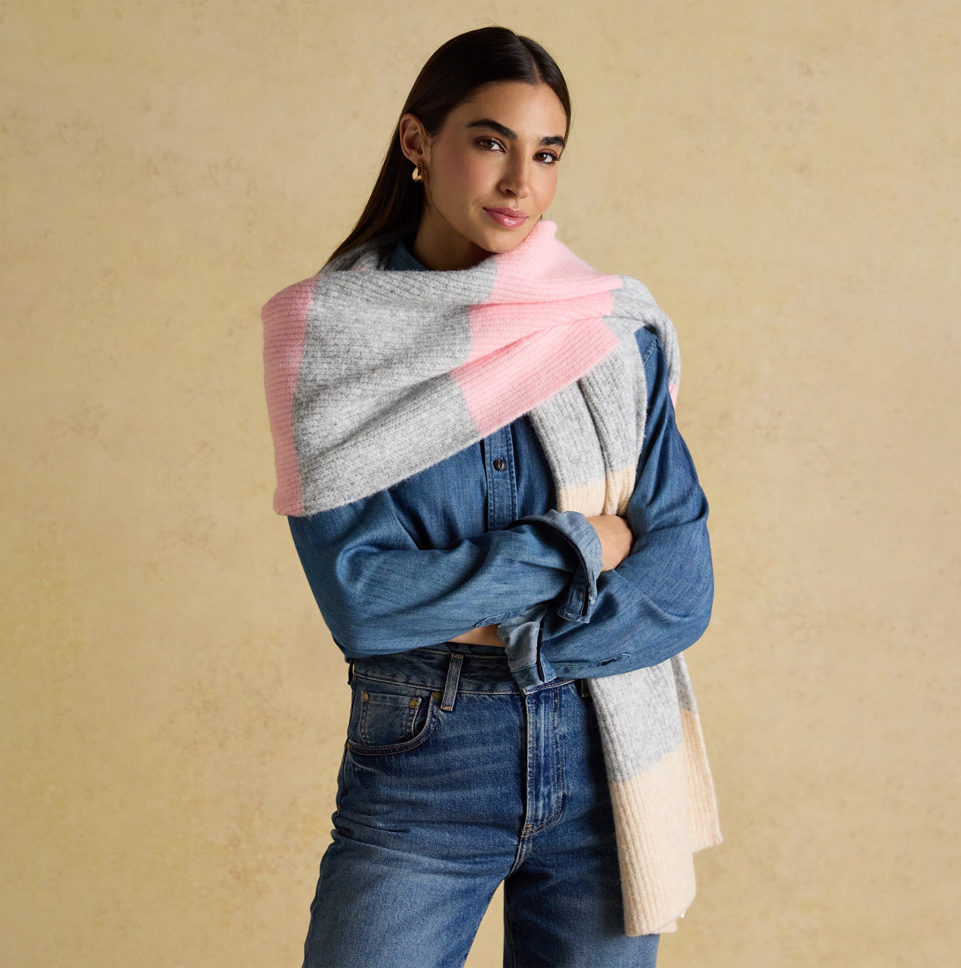 Joules POPLEY STRIPE Womens Winter Pink/Grey front view model wearing scarf with denim shirt
