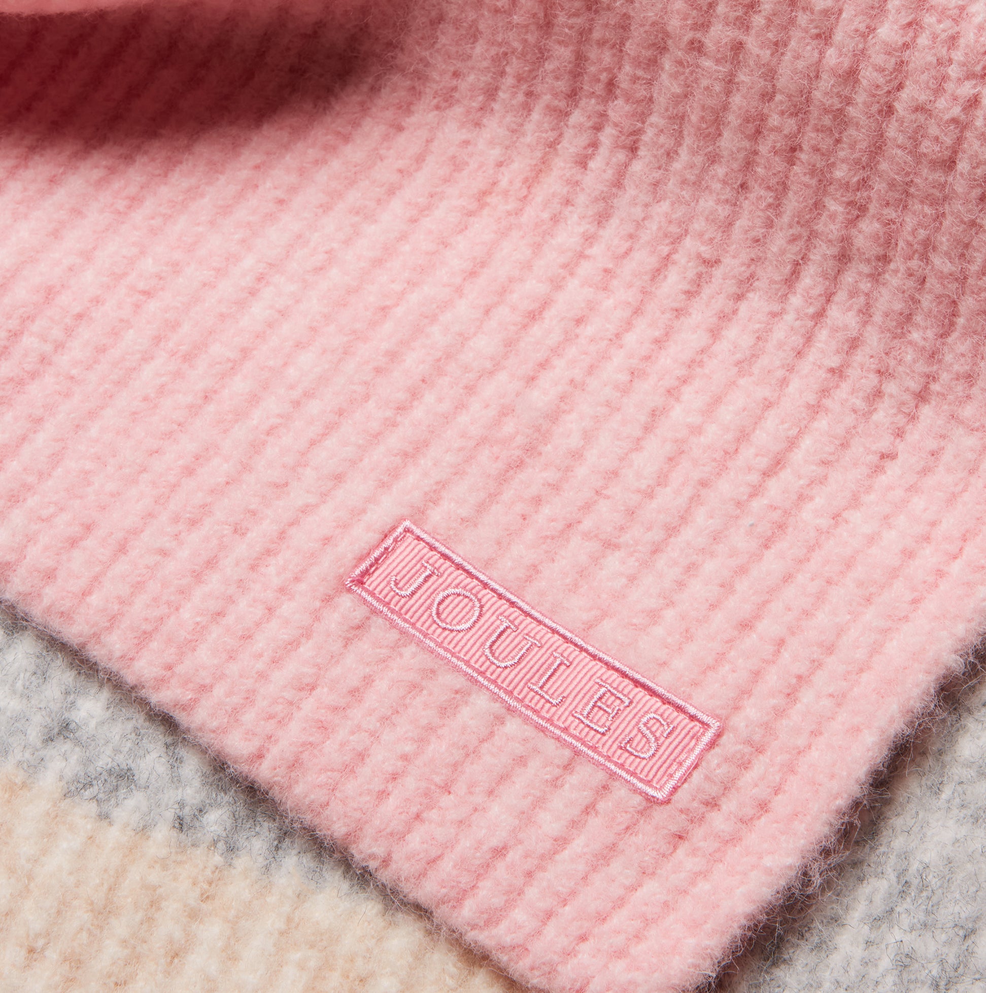 Joules POPLEY STRIPE Womens Winter Pink/Grey detail view showcasing the soft pink texture and brand label.