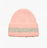 Joules POPLEY STRIPE Womens Beanie Pink/Grey front view showing pink and grey striped design.