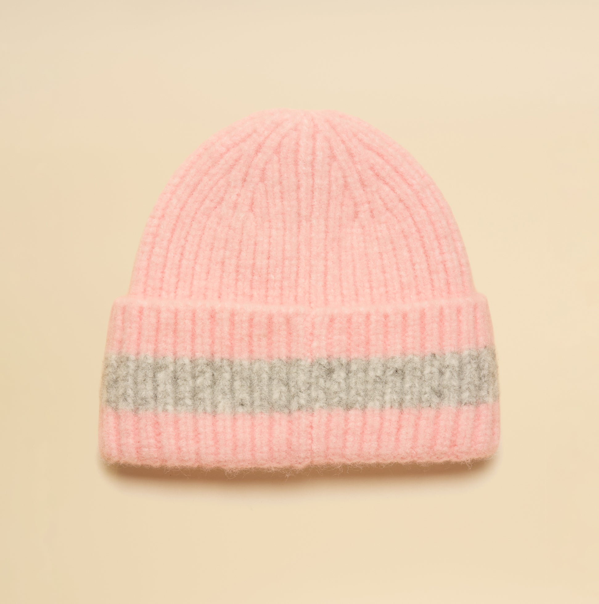 Joules POPLEY STRIPE Womens Beanie Pink/Grey top view with pink and grey striped design