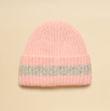 Joules POPLEY STRIPE Womens Beanie Pink/Grey top view with pink and grey striped design