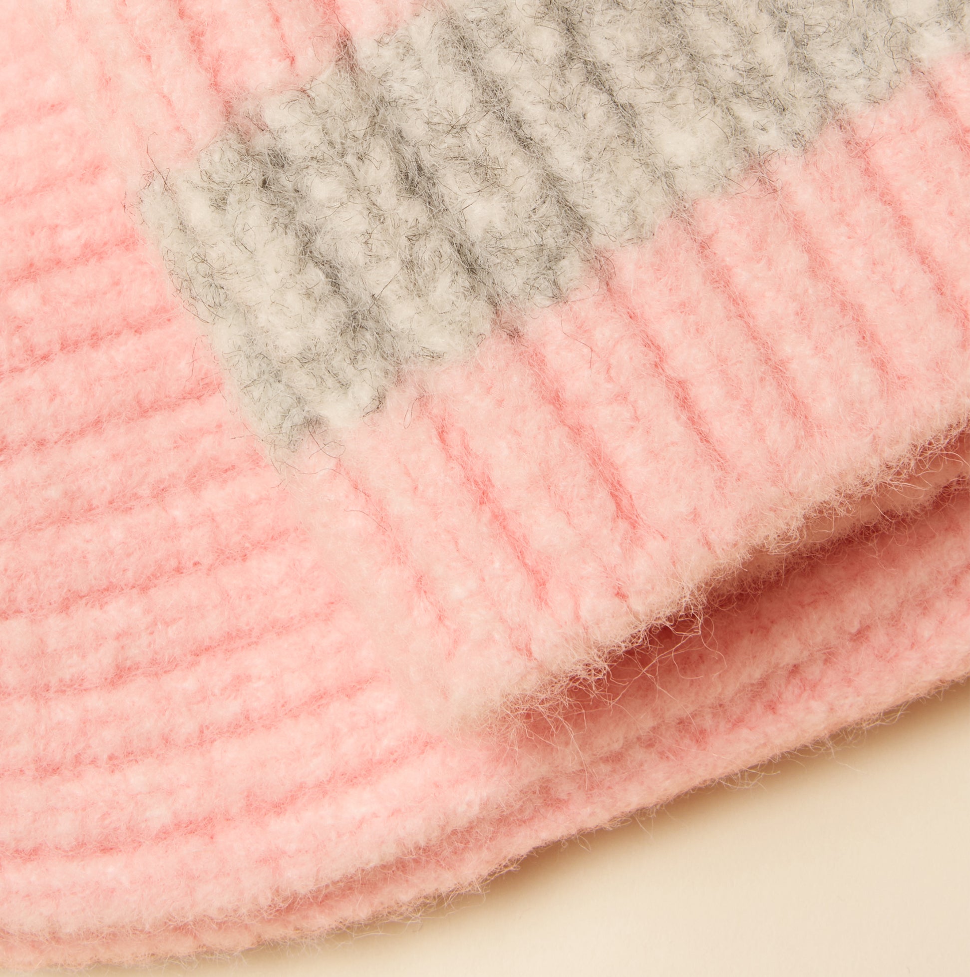 Joules POPLEY STRIPE Womens Beanie Pink/Grey close-up detail view showcasing fabric texture and color.